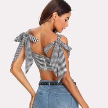 Shein Self Tie Shoulder Zip Back Gingham Crop Top