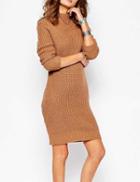 Shein Camel Mock Neck Long Sleeve Sweater Dress