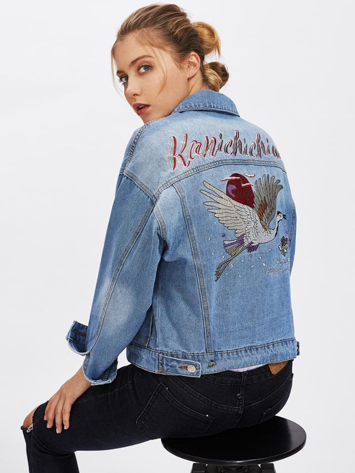 Shein Cranes Embroidered Back Denim Jacket
