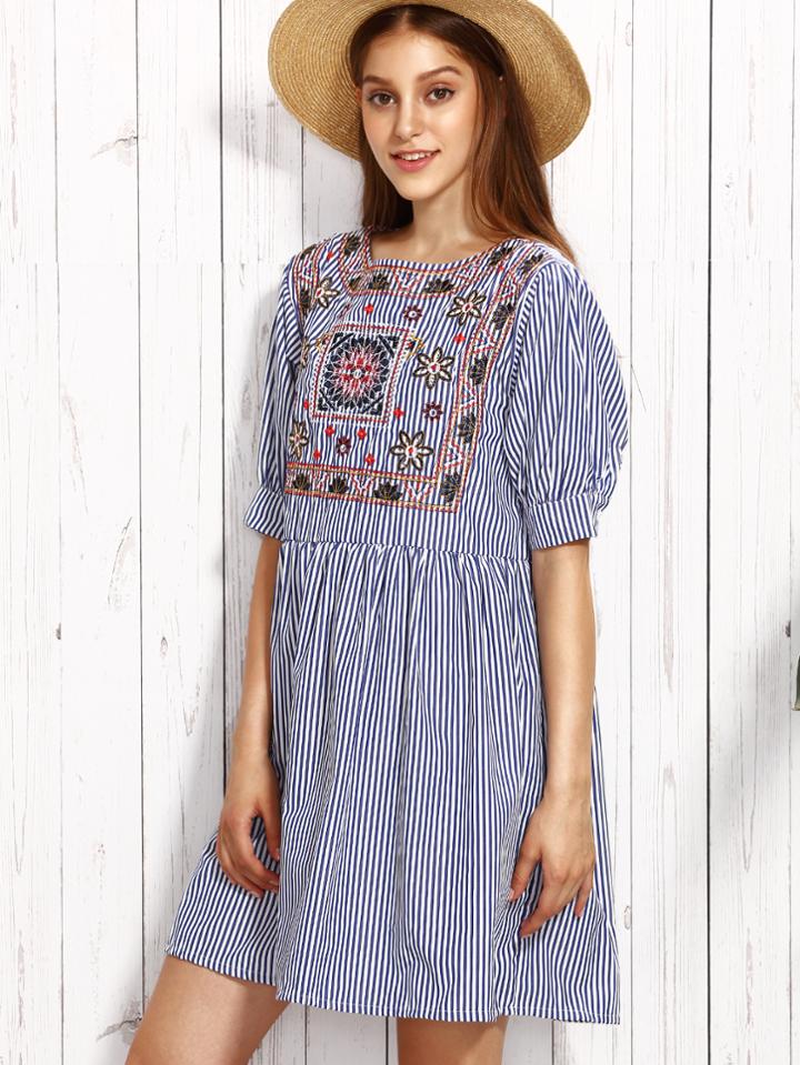 Shein Blue Vertical Striped Embroidered High Waist Dress