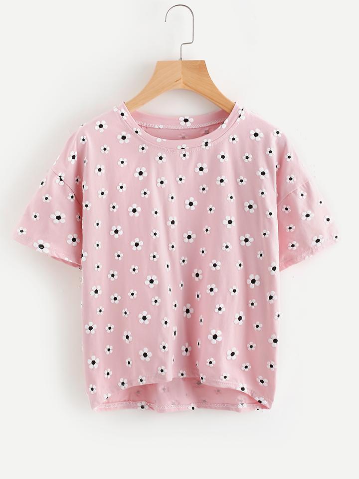 Shein Daisy Print Dip Hem Tee