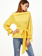 Shein Yellow Foldover Boat Neck Belted Waist And Cuff Blouse