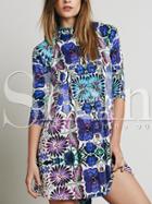 Shein Multicolor Half Sleeve Mock Neck Allure Decent Flowery Floral Dress