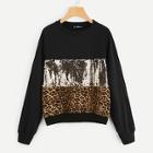 Shein Contrast Sequin Color Block Leopard Pullover