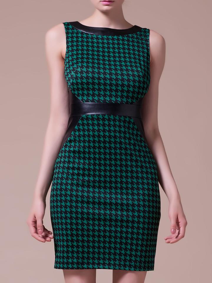 Shein Green Contrast Pu Houndstooth Sheath Dress