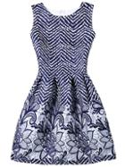 Shein Chevron & Flower Print Fit & Flare Sleeveless Dress - Blue
