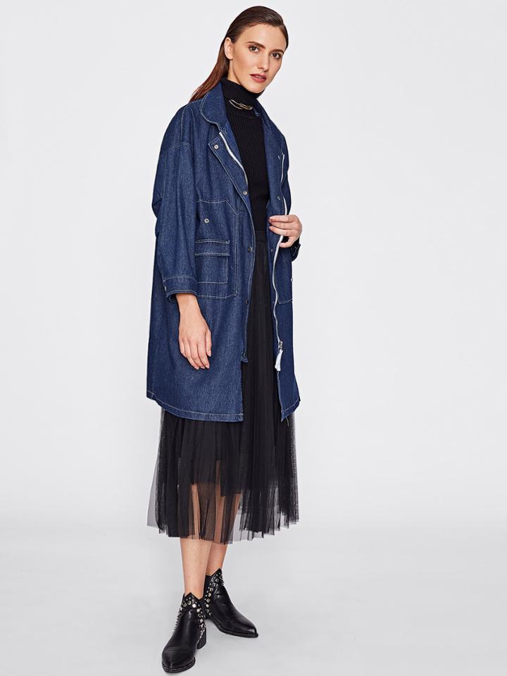 Shein Front Patch Pockets Drop Shoulder Longline Denim Coat