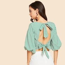 Shein Tie Neck Striped Print Wrap Blouse