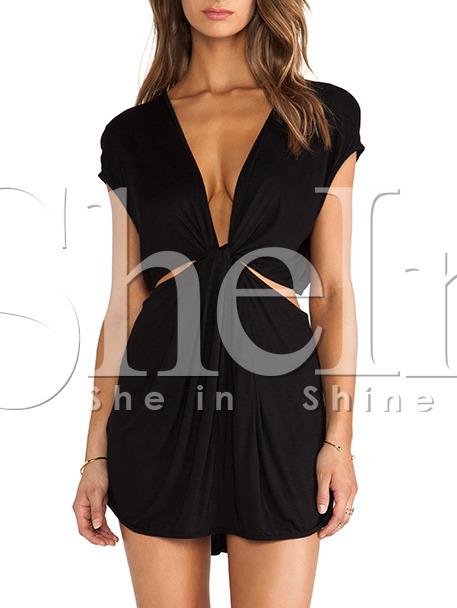 Shein Black Glamorous Cap Sleeve Sophisticated Deep V Neck Dress