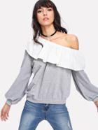 Shein Contrast Ruffle Trim Oblique Shoulder Marled Pullover