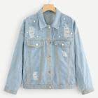 Shein Single Breasted Ripped Beaded Denim Jacket