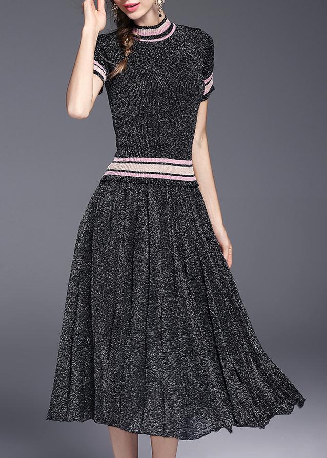 Shein Black Color Block Top With Pleated Skirt