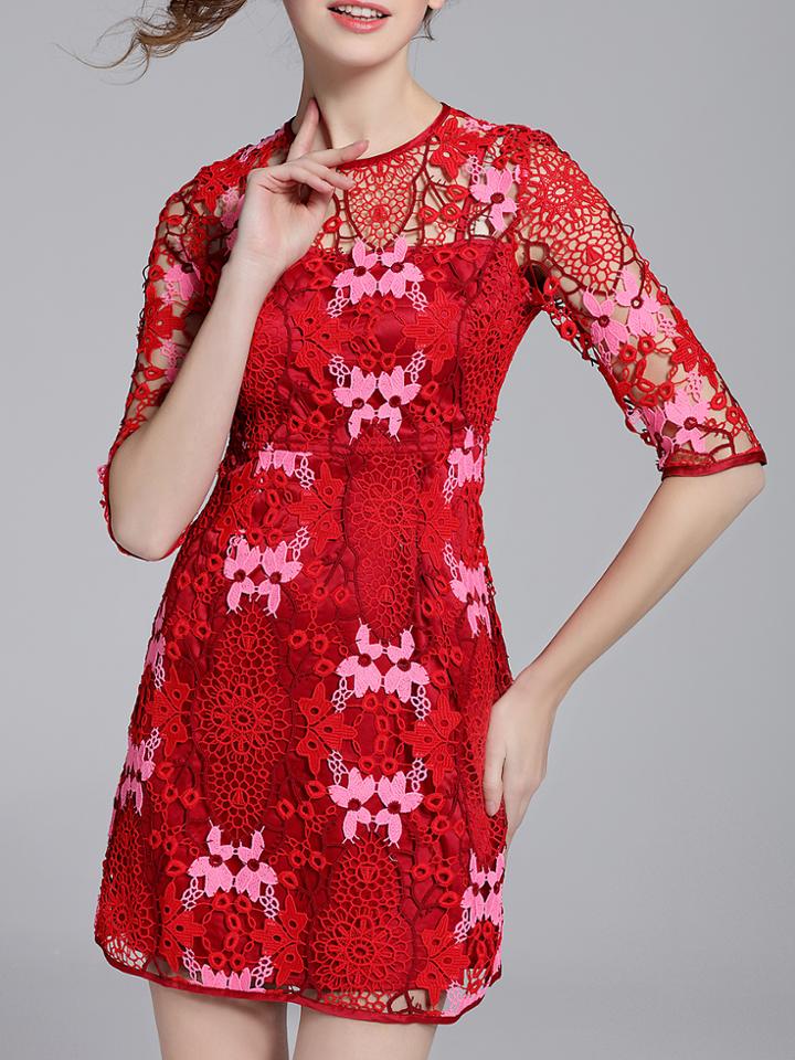 Shein Red Crochet Hollow Out A-line Dress