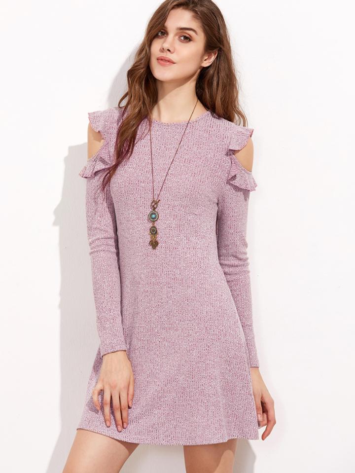 Shein Burgundy Marled Ribbed Knit Ruffle Open Shoulder Dress