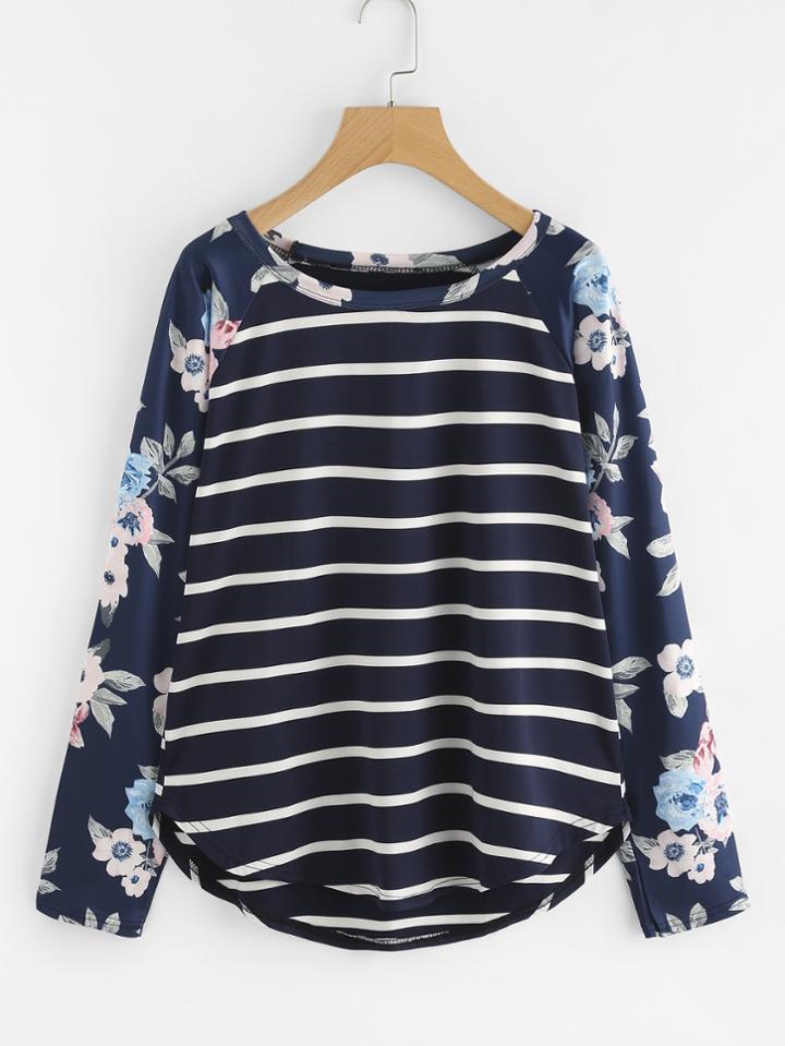 Shein Contrast Florals Raglan Sleeve Striped Tee
