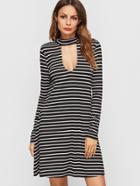 Shein Black And White Striped Double Keyhole A Line Tee Dress