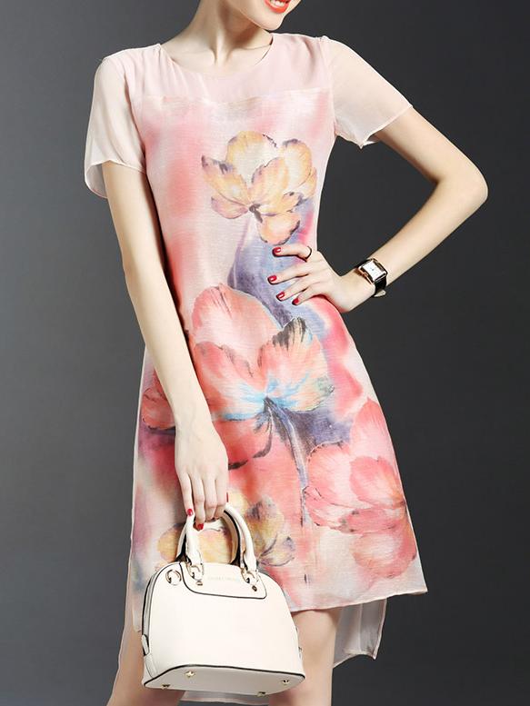 Shein Pink Crew Neck Print High Low Dress