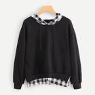 Shein Contrast Checked Drawstring Hoodie