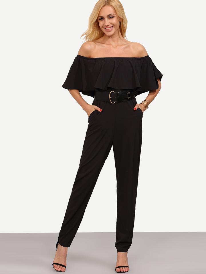 Shein Black Off The Shoulder Pocket Ruffle Jumpsuit