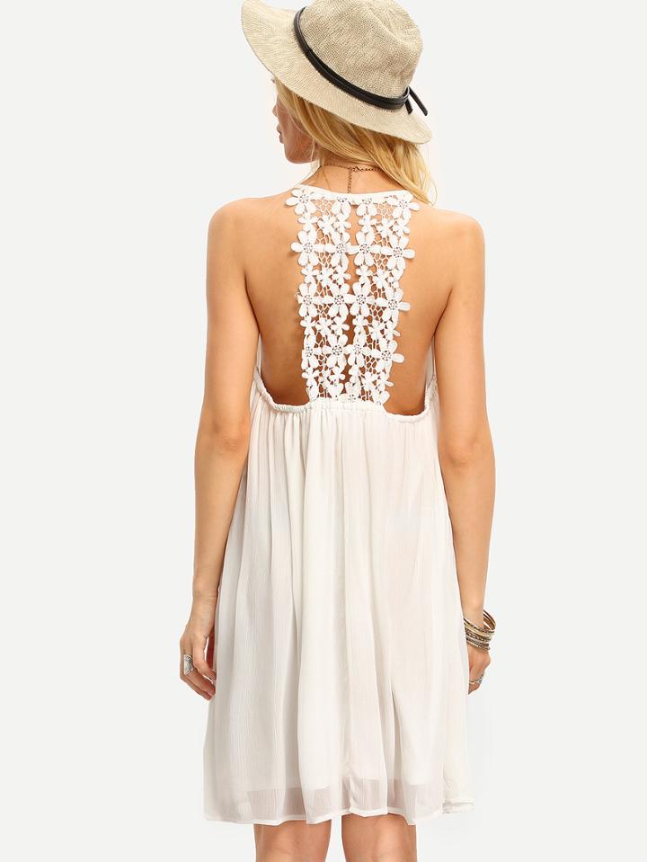 Shein Beige Spaghetti Strap Crochet Patchwork Shift Dress