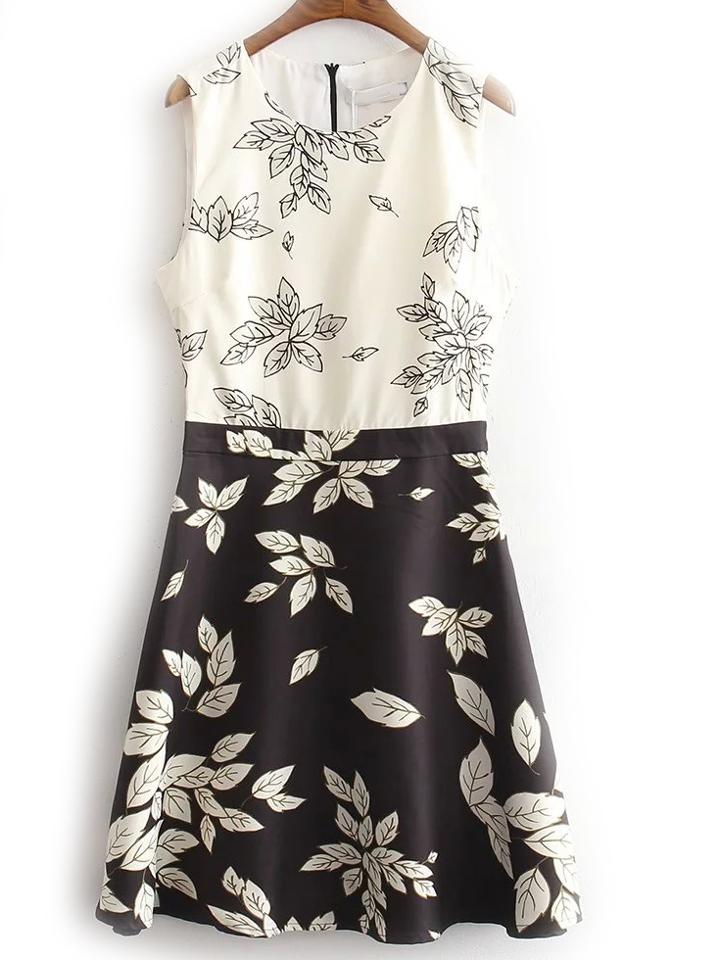 Shein Black White Sleeveless Leaves Print Dress