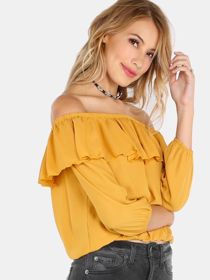 Shein Off The Shoulder Sleeved Ruffle Top Mustard