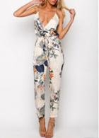 Rosewe Cross Backless Leaf Printed Drawstring Waist Jumpsuits