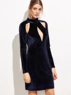 Shein Navy Mock Neck Cut Out Velvet Dress