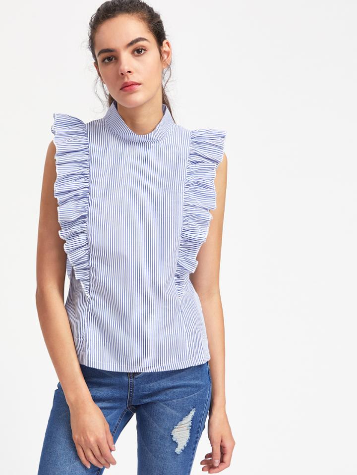 Shein Vertical Striped Exaggerated Frill Trim Top