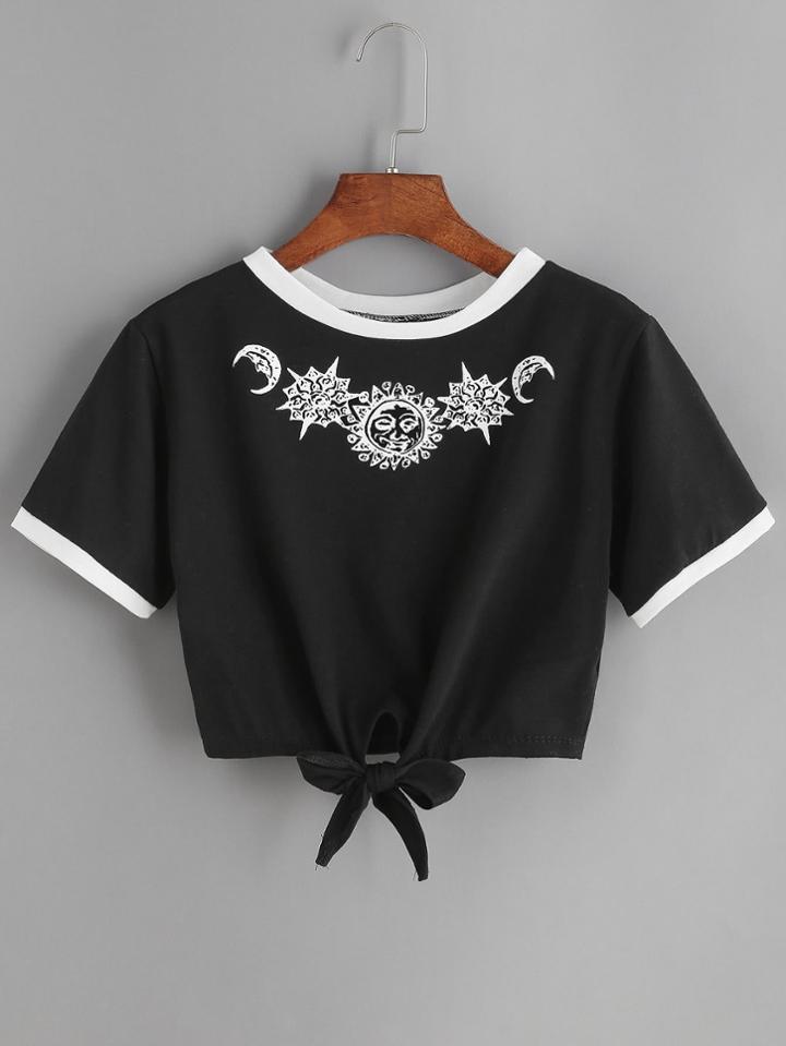 Shein Black Sun Print Contrast Trim Tie Front T-shirt