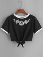 Shein Black Sun Print Contrast Trim Tie Front T-shirt