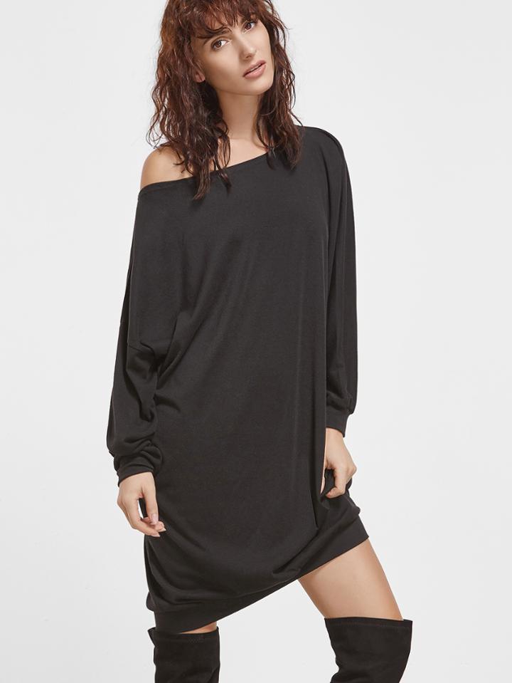 Shein Black Asymmetric Shoulder Oversized Sweatshirt Dress