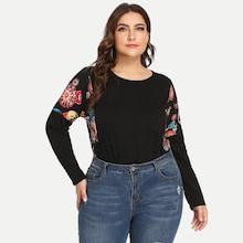 Shein Plus Floral Print Drop-shoulder Tee