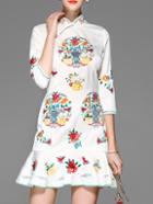Shein White Flowers Embroidered Frill Dress