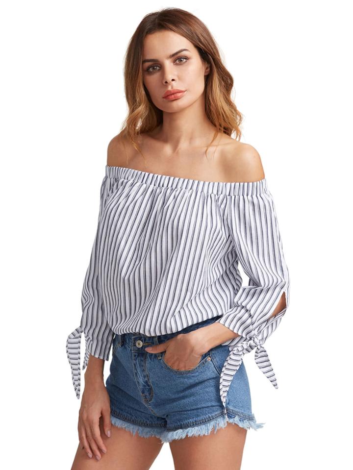 Shein Bardot Vertical Striped Tie Cuff Blouse
