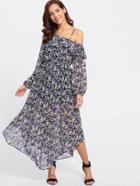 Shein Lantern Sleeve Flounce One Shoulder Daisy Print Dress