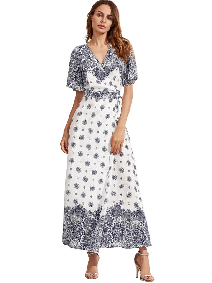 Shein Floral Print Wrap Self Tie Dress