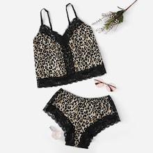 Shein Lace Trim Satin Leopard Cami Top & Panty 2pack