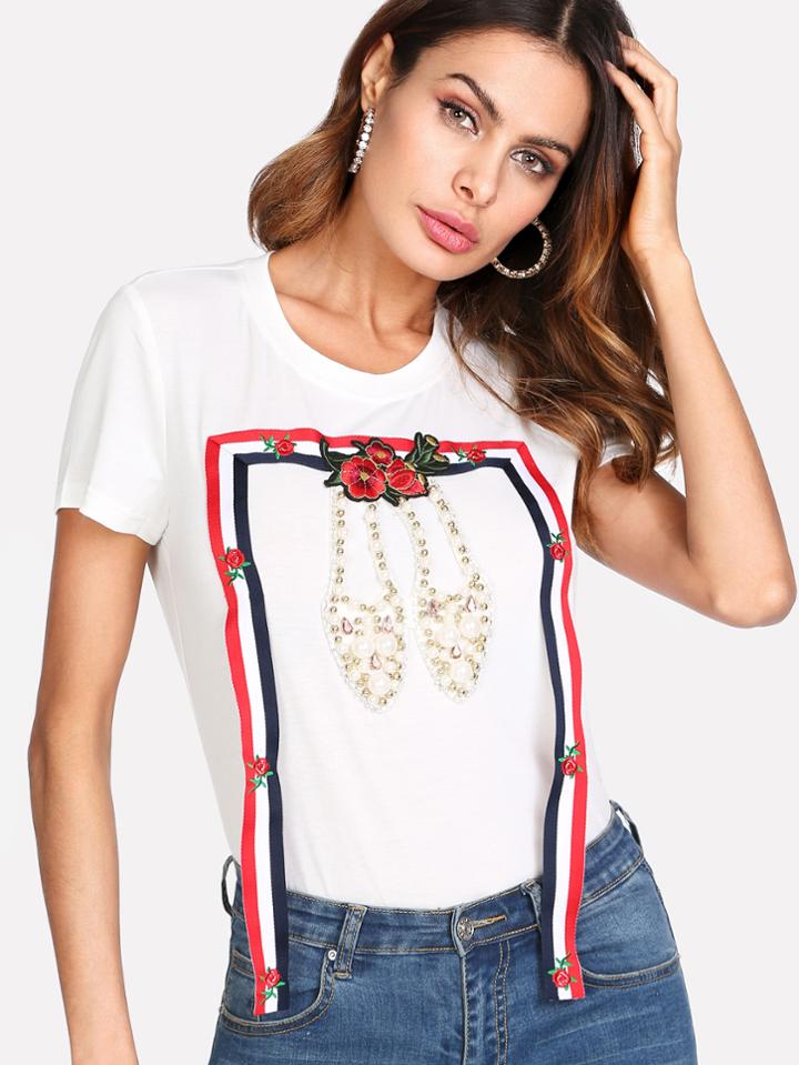 Shein Striped Tape And Pearl Beading Detail T-shirt