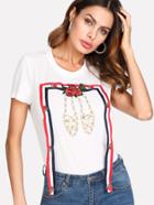 Shein Striped Tape And Pearl Beading Detail T-shirt