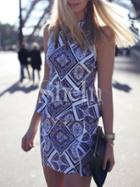 Shein Blue Sleeveless Lapel Geometric Print Dress