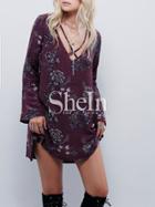 Shein Purpe Long Sleeve V Neck Floral Dress