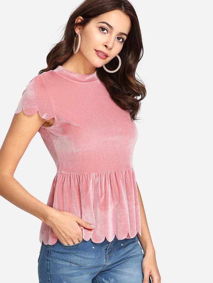 Shein Scallop Trim Velvet Peplum Top