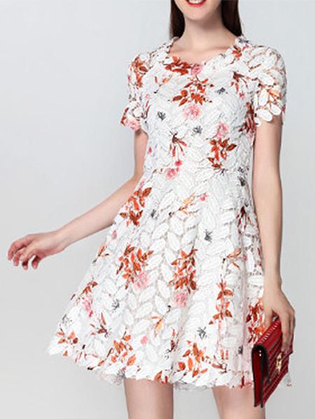 Shein Red White Crochet Hollow Out A-line Dress