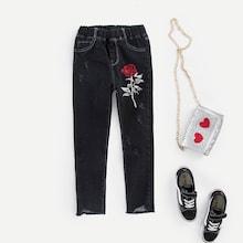 Shein Girls Rose Embroidery Raw Hem Jeans