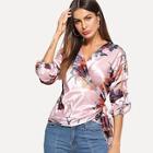 Shein Knot Front Floral Print Satin Top