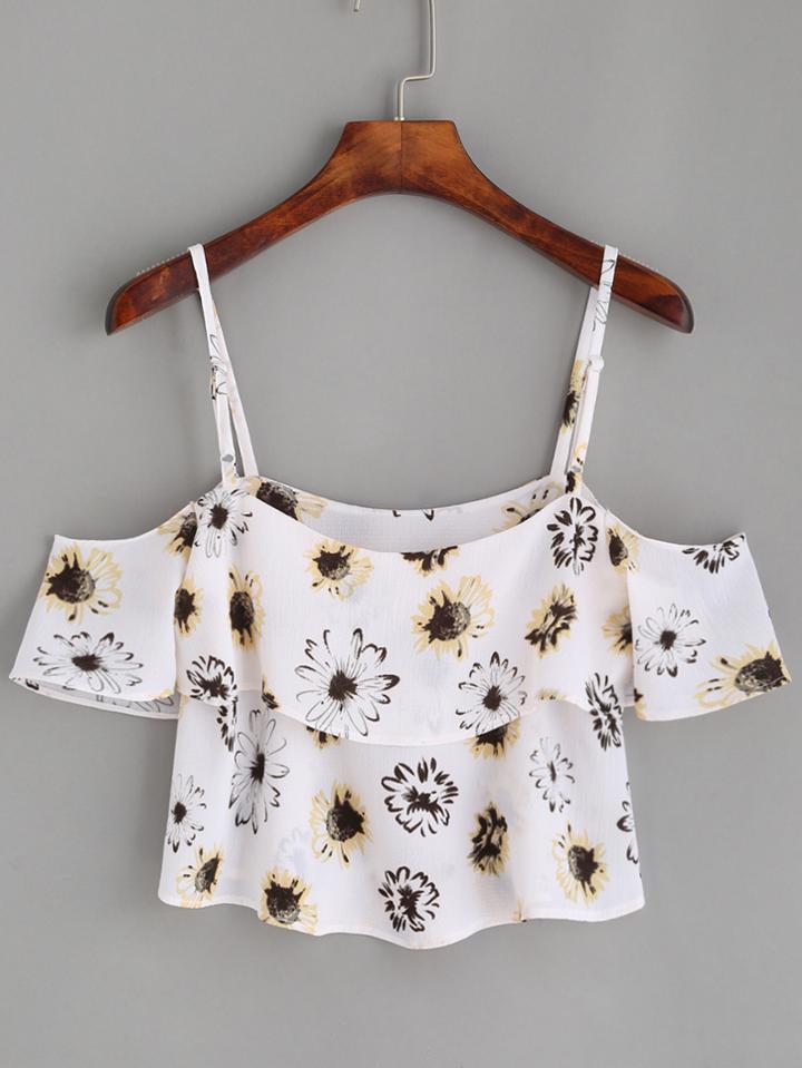 Shein White Daisy Print Ruffle Cold Shoulder Top