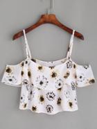 Shein White Daisy Print Ruffle Cold Shoulder Top