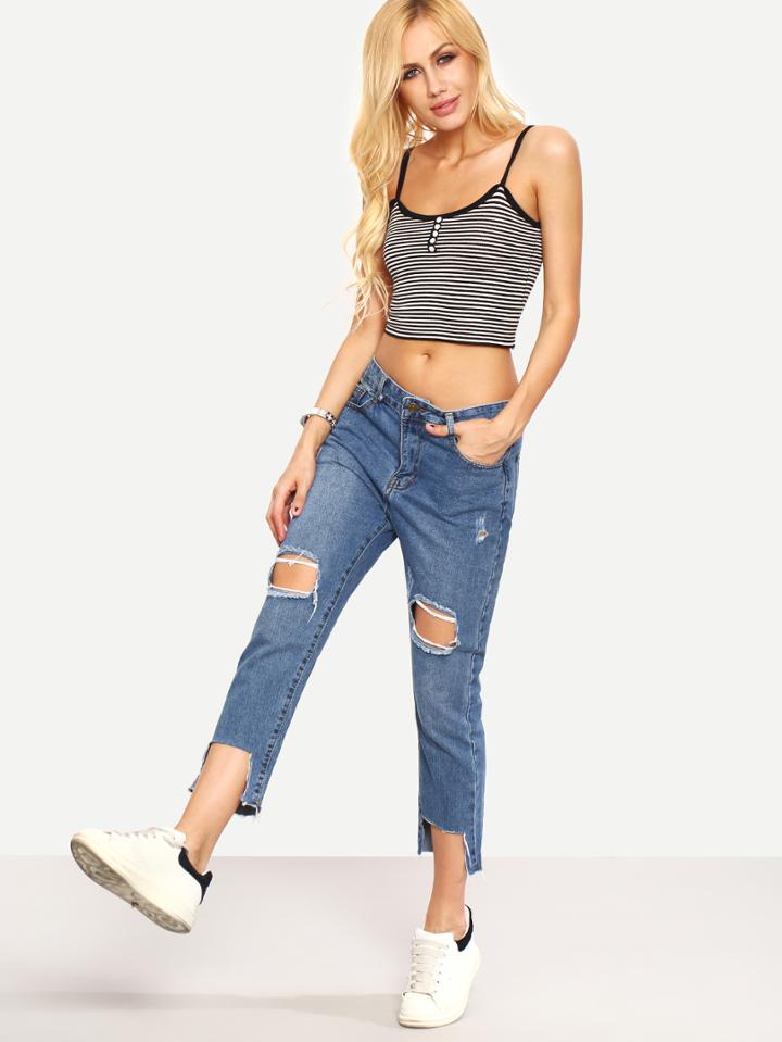 Shein Destroyed Raw Hem Jeans - Blue