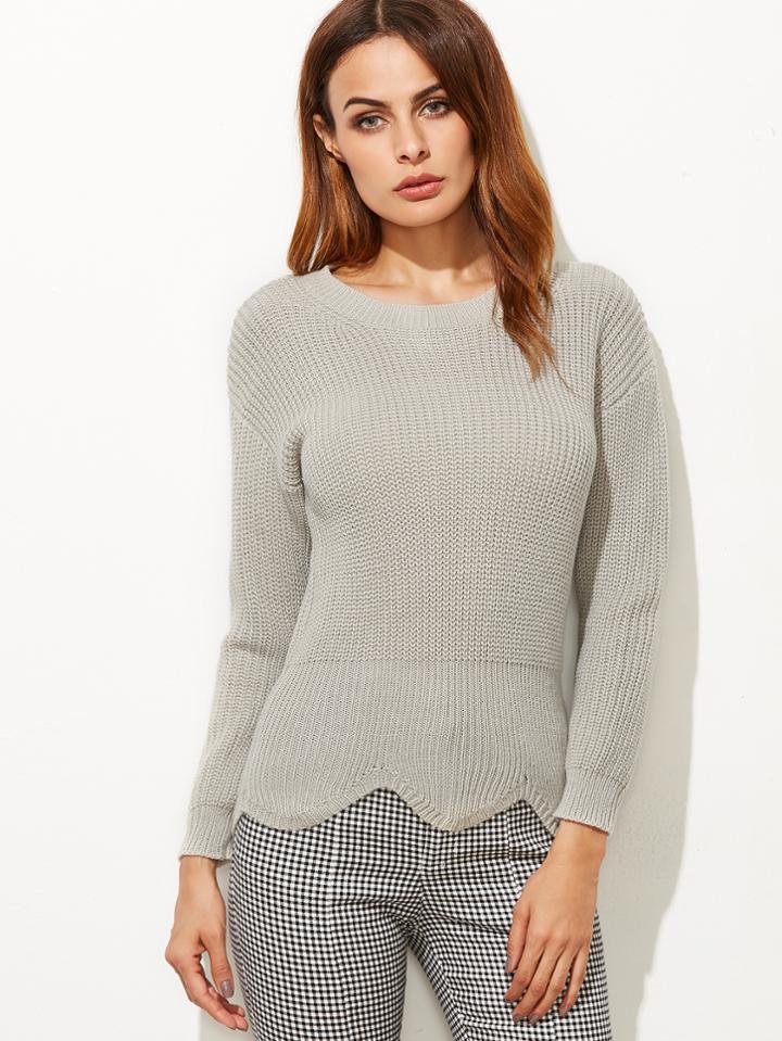 Shein Grey Drop Shoulder Scallop Hem Sweater